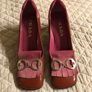 Prada Loafer, Suede and Patent, Red and Pink, Chunky Heel